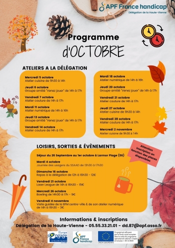 Programme loisirs d'octobre Haute-Vienne, info 0555332101